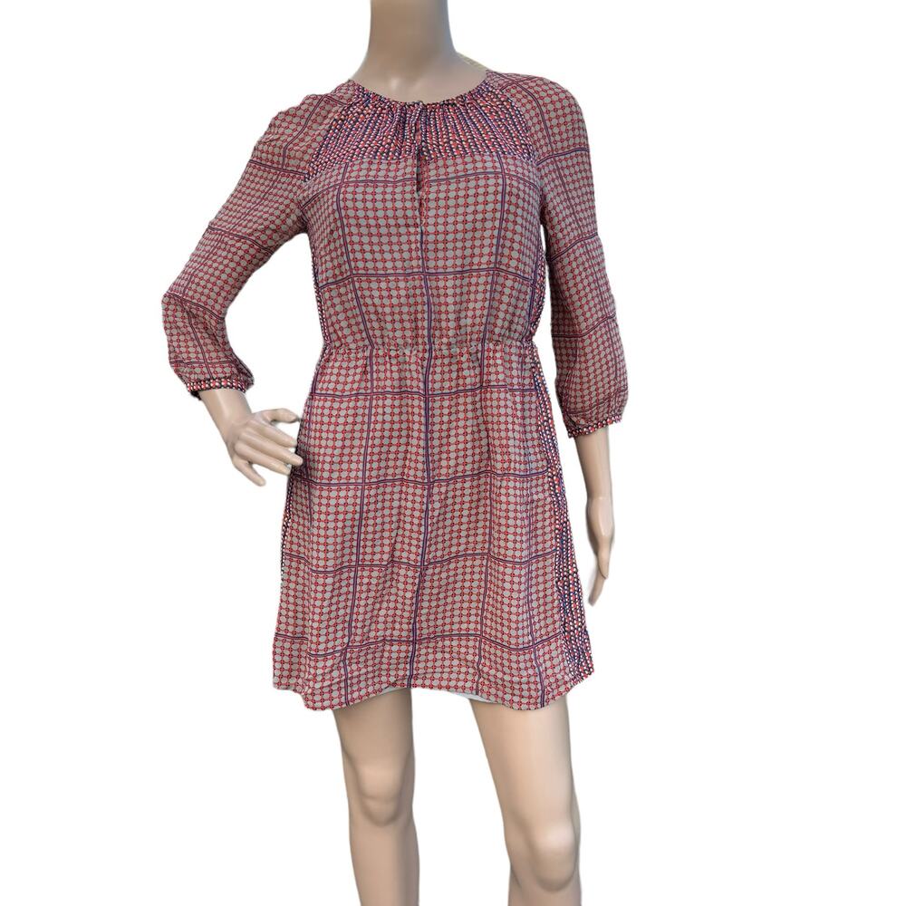Madewell Womens Orange Blue Retrogrid Silk 3/4 Sleeves Blouson Mini Dress Size 0
